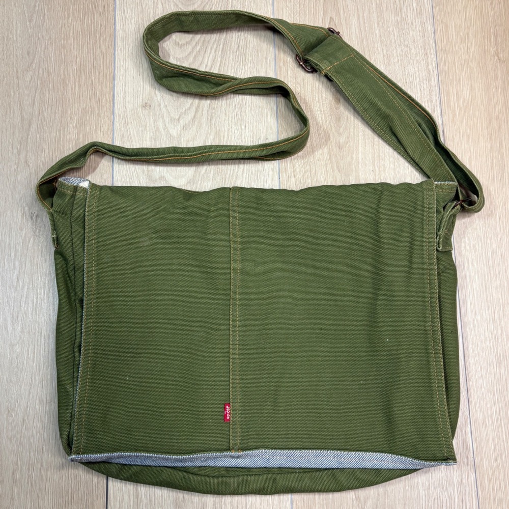 Levis Olive Green Canvas Messenger Bag Denim Lined Crossbody Red Tab Retro Style